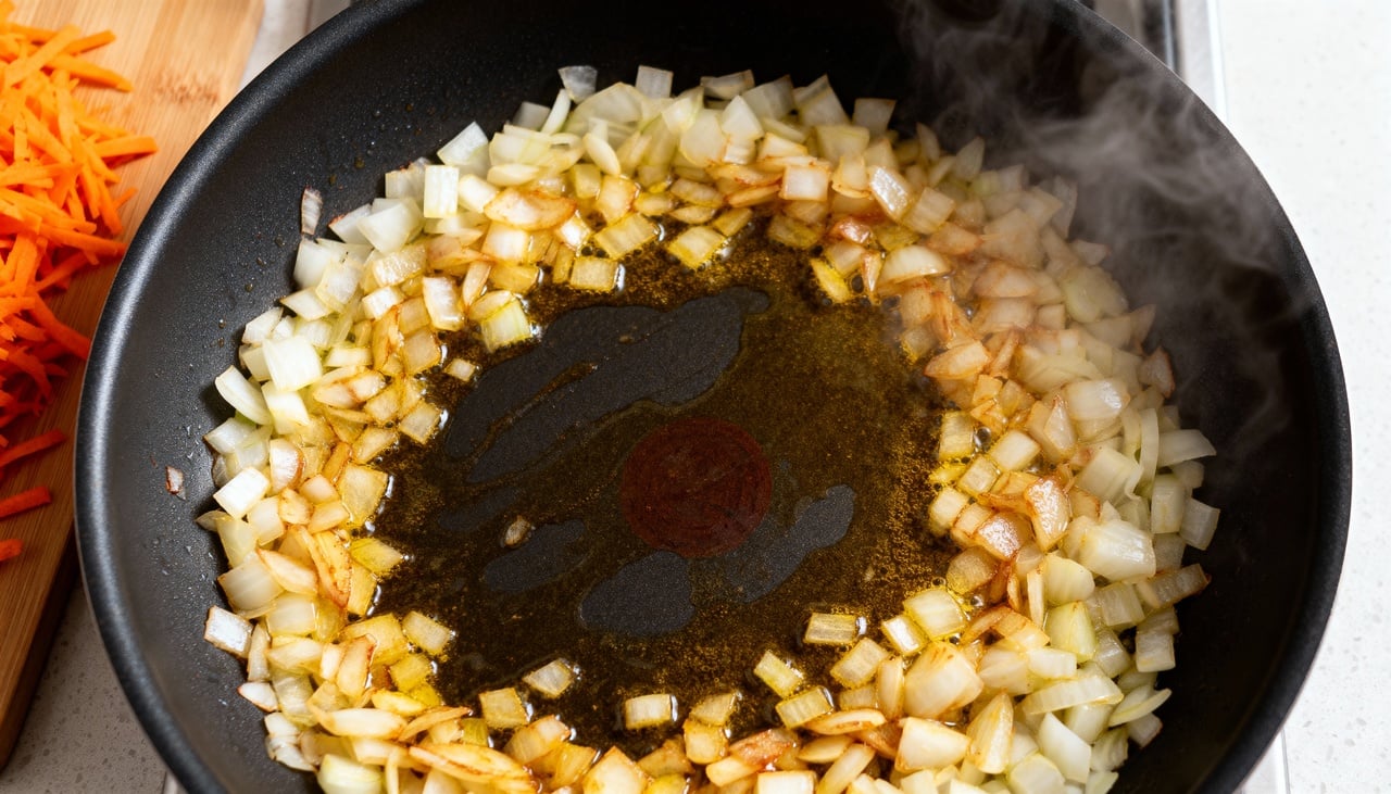 A cebola deve ser o primeiro ingrediente a ir para a panela com óleo quente – Imagens produzidas com uso de Inteligência Artificial