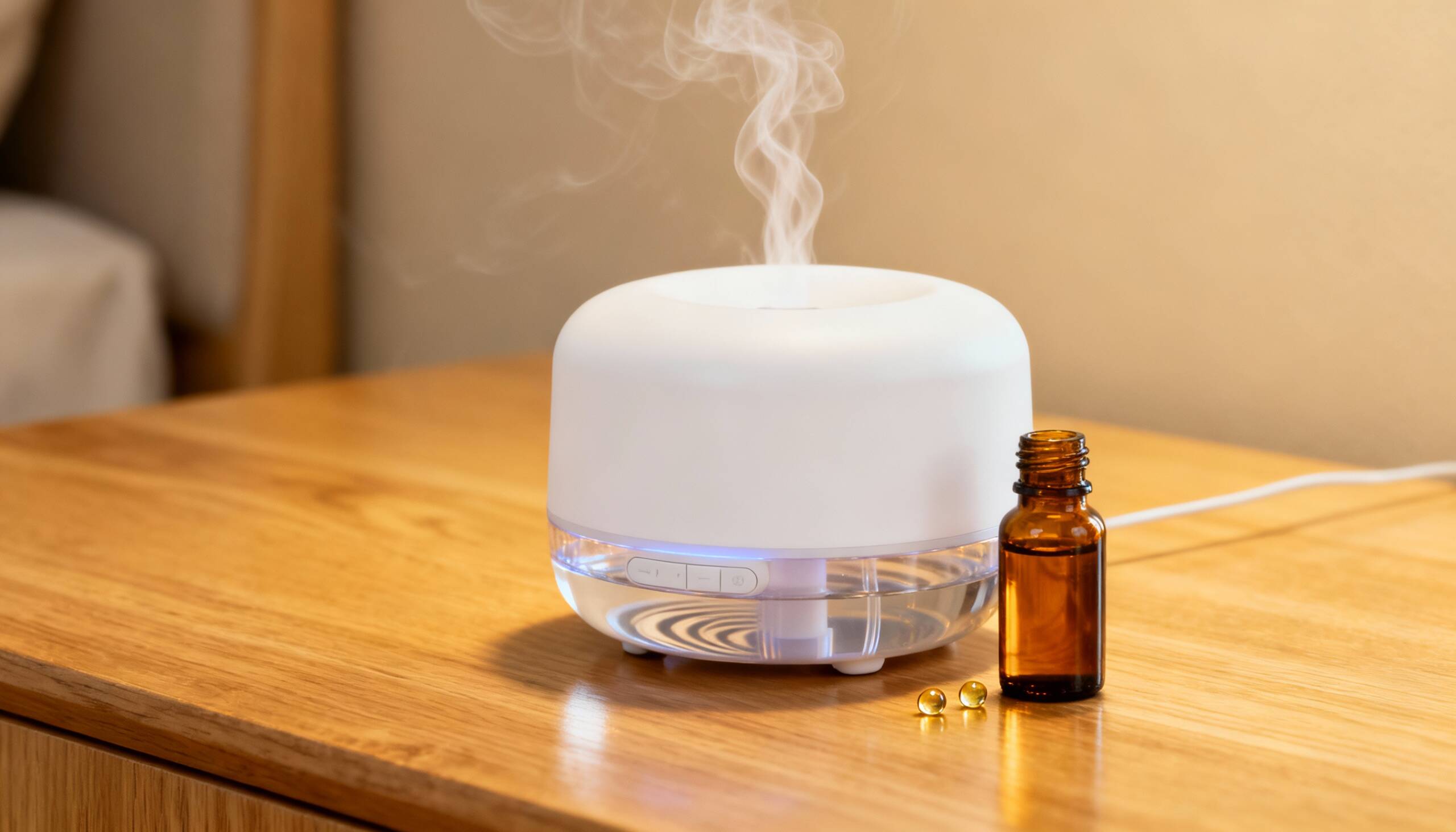 A quantidade adequada de gotas de óleo essencial no difusor varia principalmente conforme o volume de água do reservatório – – Imagens produzidas com uso de Inteligência Artificial
