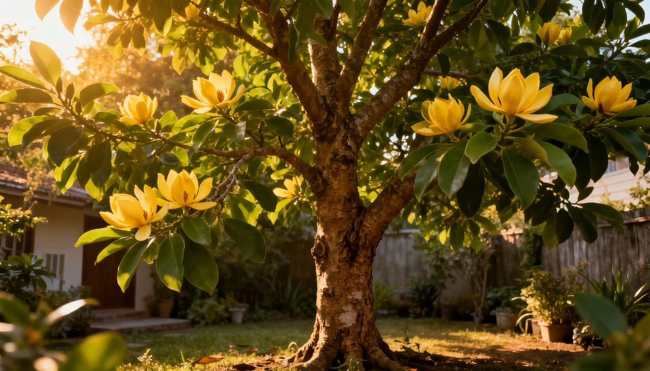 A Magnolia champaca exige exposição solar plena de pelo menos seis horas diárias para florescer abundantemente – Imagens produzidas com uso de Inteligência Artificial