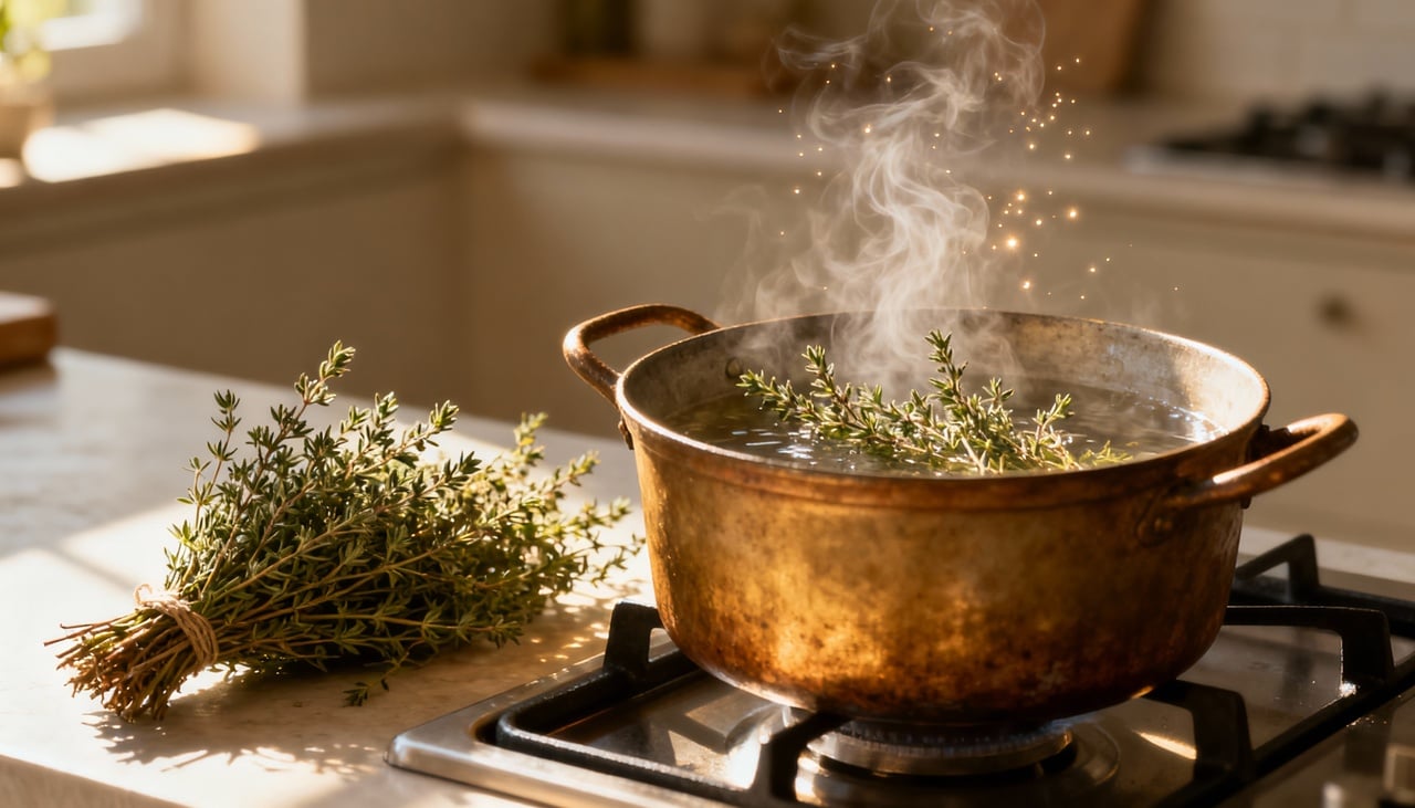 Ferver tomilho funciona como um purificador natural de ar que substitui produtos sintéticos carregados de químicos – Imagens produzidas com uso de Inteligência Artificial
