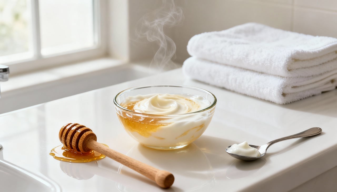 As chamadas máscaras caseiras de autocuidado para reviver a pele são misturas preparadas em casa e aplicadas sobre o rosto limpo por alguns minutos – Imagens produzidas com uso de Inteligência Artificial