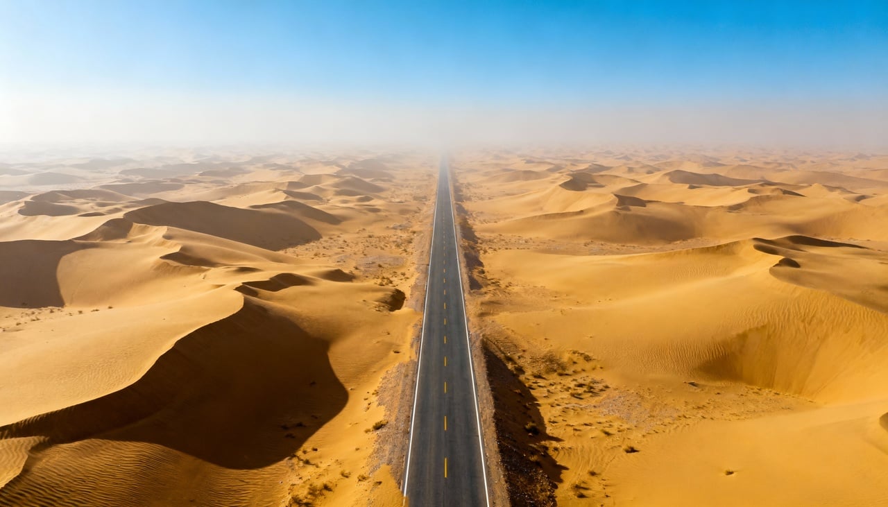 A Highway 10 na Arábia Saudita atravessa o deserto Rub’ al-Khali, também conhecido como Cuarto Vacío – Imagens produzidas com uso de Inteligência Artificial