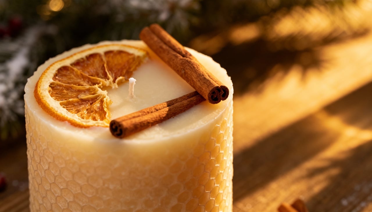 A chamada vela de canela e laranja natural é, basicamente, uma vela aromática produzida com cera vegetal ou cera de abelha – Imagens produzidas com uso de Inteligência Artificial