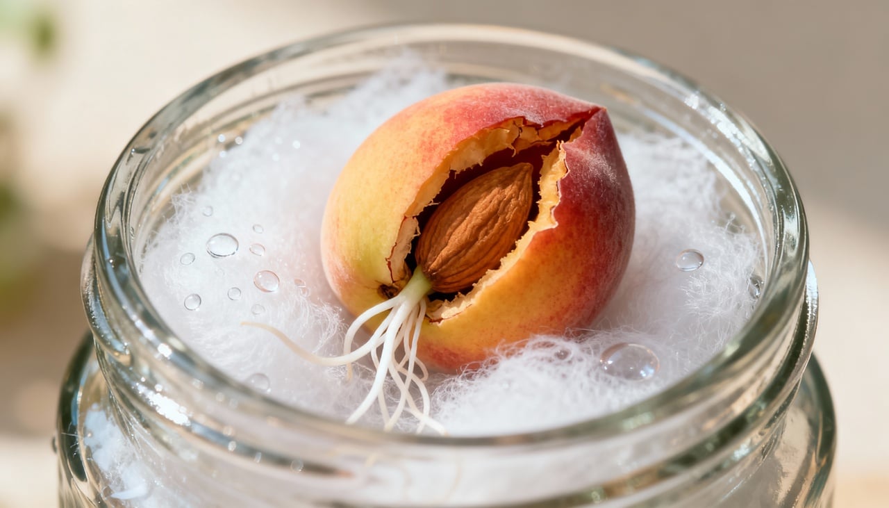 Além do cultivo de árvores, os caroços de pêssego têm aplicações funcionais no manejo de plantas e jardins – Imagens produzidas com uso de Inteligência Artificial