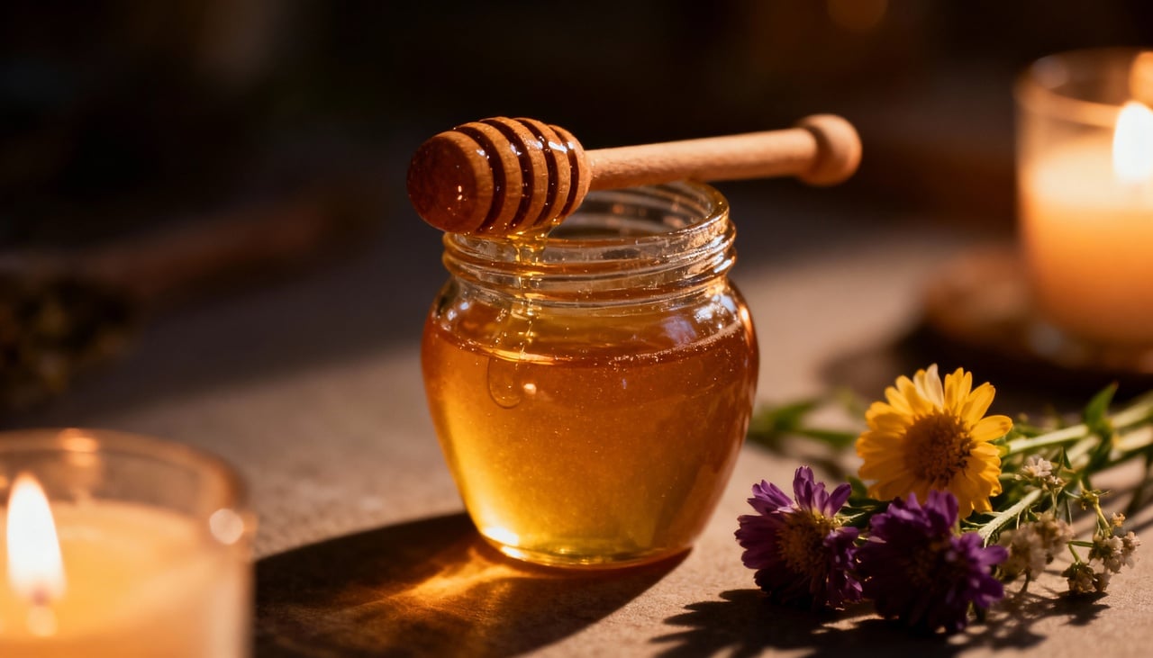 Simpatias com mel são rituais simples, feitos em casa, que usam o mel como elemento principal para influenciar a energia de relacionamentos – Imagens produzidas com uso de Inteligência Artificial