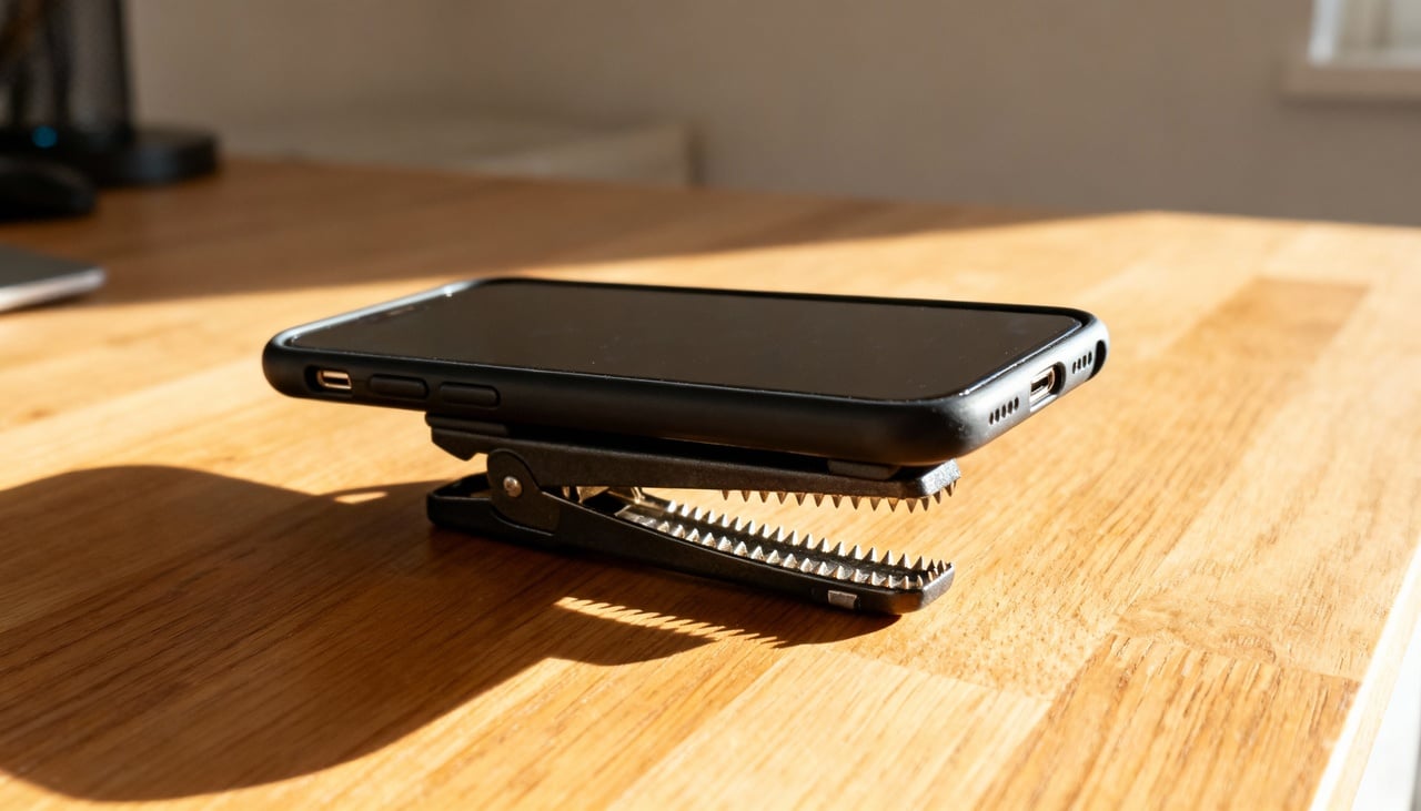 A presilha tipo jacaré tem um formato que lembra um pequeno tripé, em que a parte de baixo funciona como base e a parte de cima segura o telefone