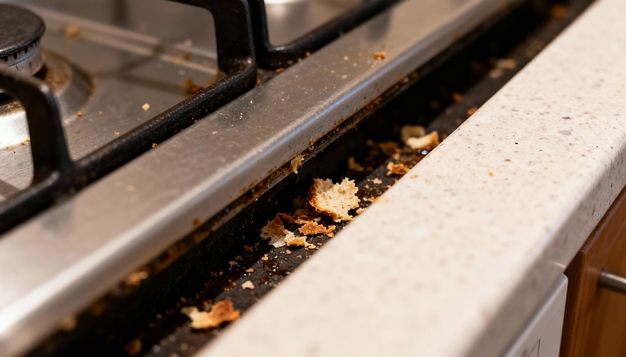 O espaço entre o fogão e a bancada é estreito, profundo e, na maioria das cozinhas, pouco visível – Imagens produzidas com uso de Inteligência Artificial