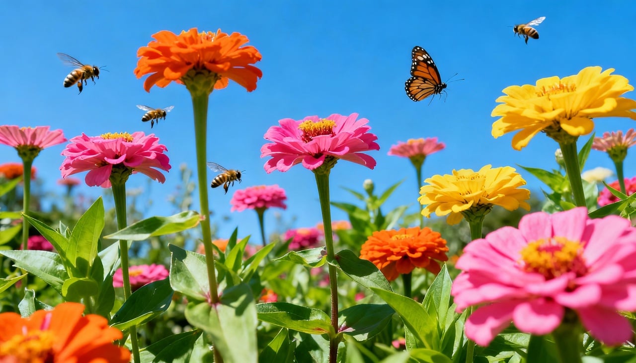 A zínia possui características únicas que a tornam excepcional para o cultivo durante o verão brasileiro – Imagens produzidas com uso de Inteligência Artificial
