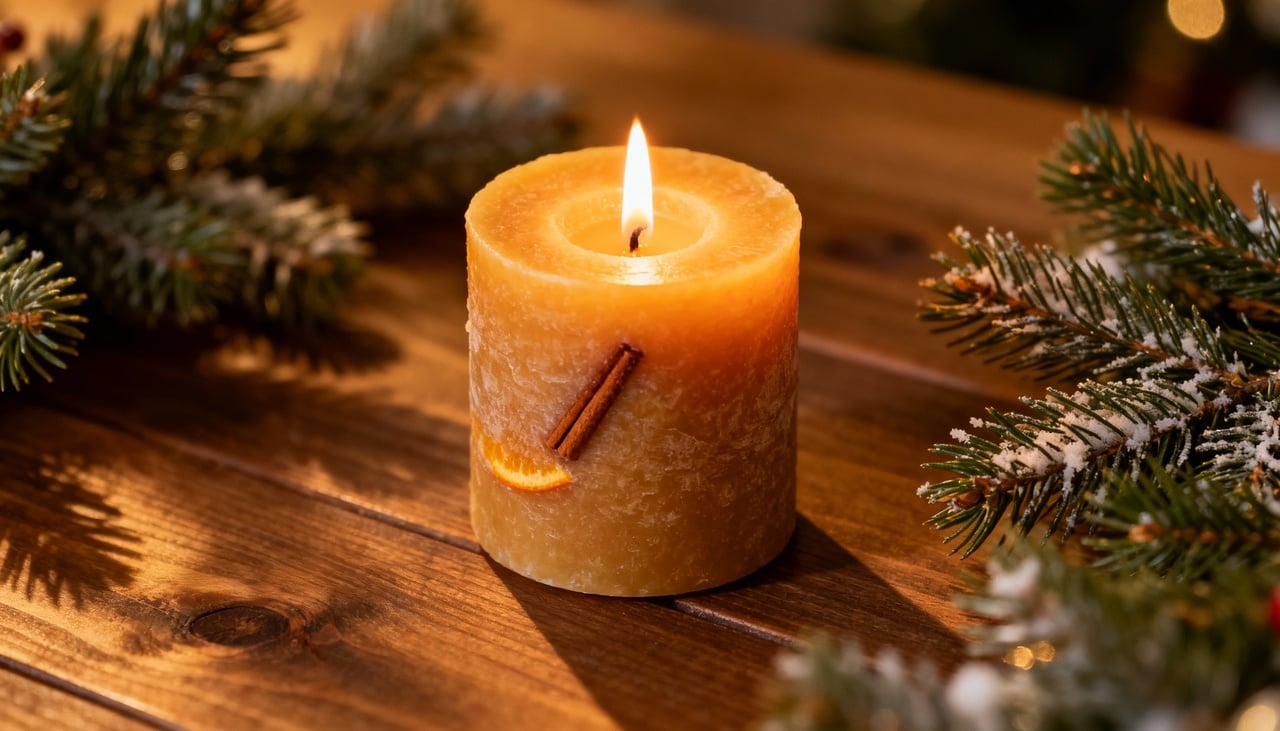 A chamada vela de canela e laranja natural é, basicamente, uma vela aromática produzida com cera vegetal ou cera de abelha – Imagens produzidas com uso de Inteligência Artificial