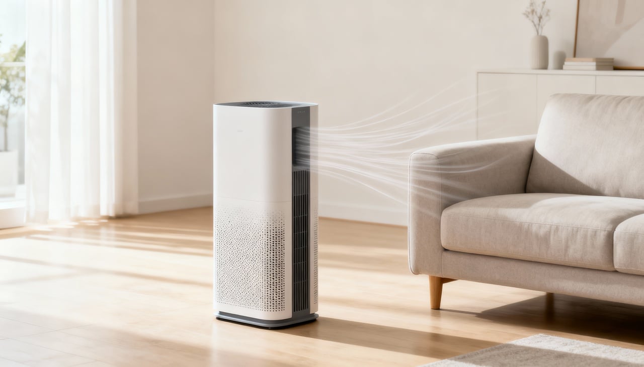 O purificador de ar é um aparelho elétrico projetado para capturar partículas e determinados poluentes presentes no ar interno – Imagens produzidas com uso de Inteligência Artificial