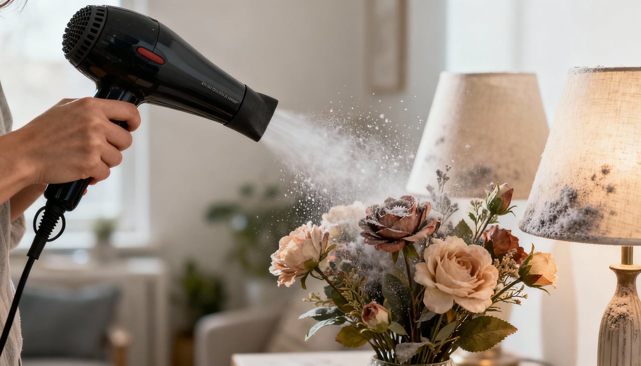 No ambiente doméstico, o secador de cabelo pode facilitar a remoção de poeira, cera e marcas difíceis – Imagens produzidas com uso de Inteligência Artificial