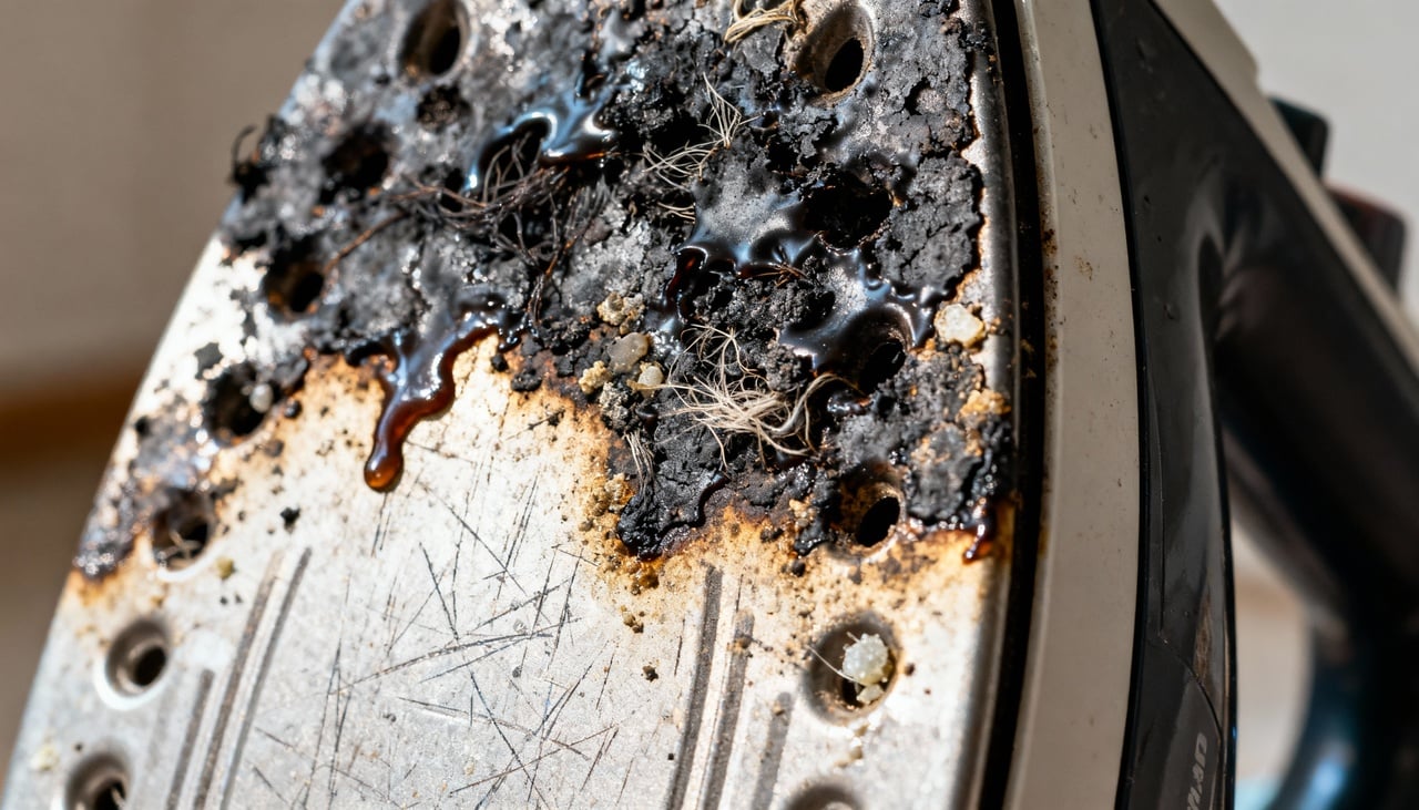 As manchas no ferro costumam surgir quando a base aquecida entra em contato com restos de tecido sintético, poeira, fiapos ou resíduos de produtos de lavanderia – Imagens produzidas com uso de Inteligência Artificial