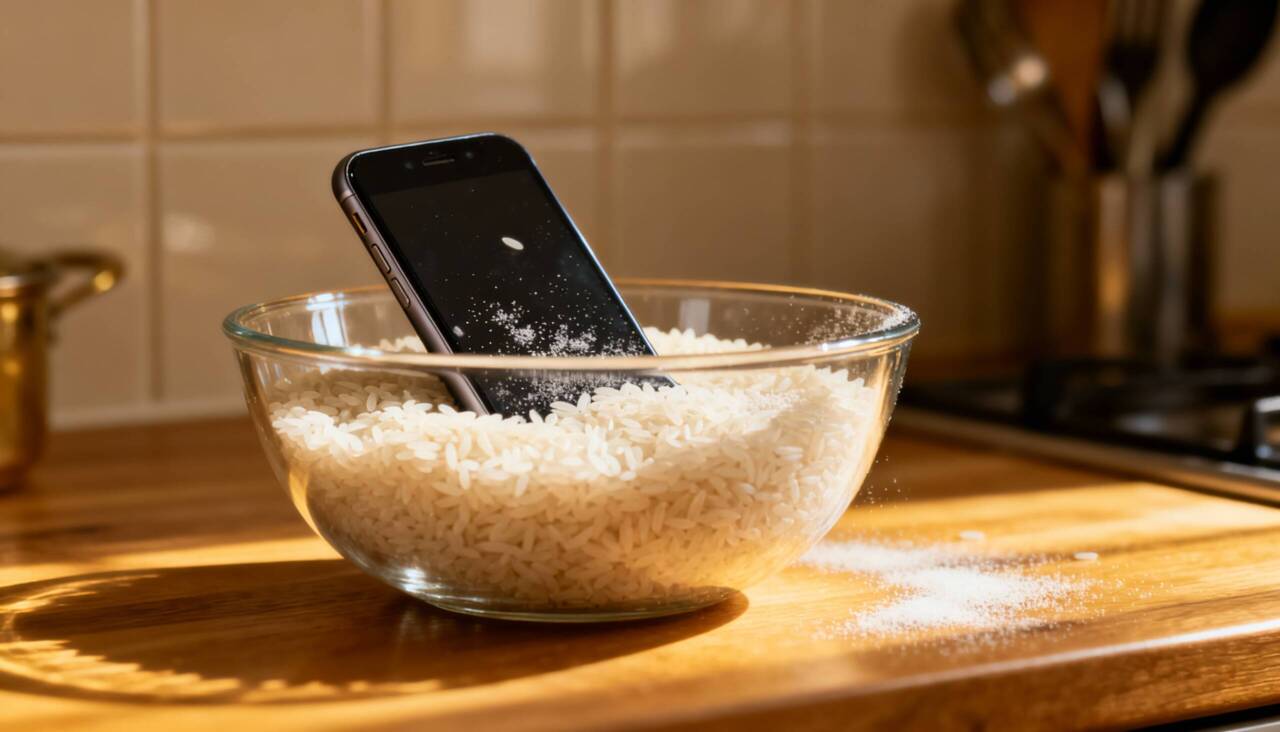 A lógica por trás do mito é simples: como o arroz absorve umidade no ambiente, muitos acreditam que ele também puxaria a água de dentro do smartphone – Imagens produzidas com uso de Inteligência Artificial