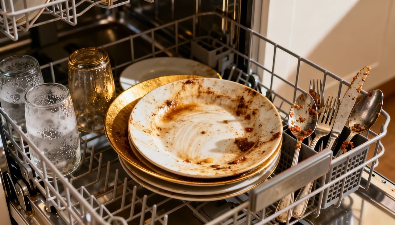 Existem fatores recorrentes que explicam por que a lava-louças não está lavando direito – Imagens produzidas com uso de Inteligência Artificial