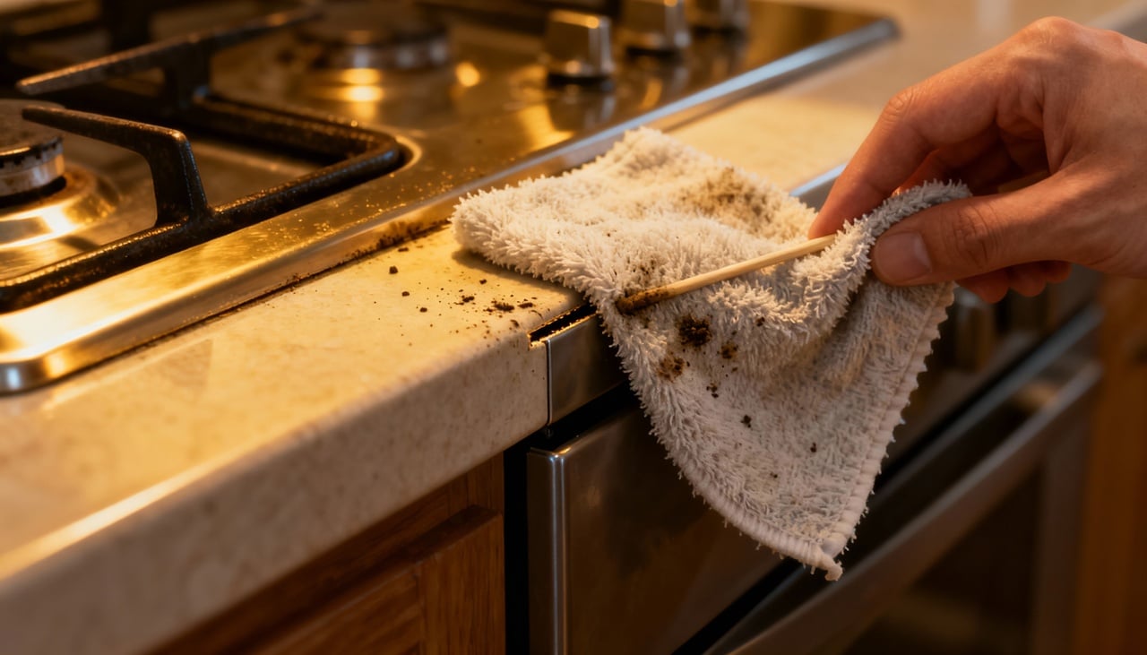 O espaço entre o fogão e a bancada é estreito, profundo e, na maioria das cozinhas, pouco visível – Imagens produzidas com uso de Inteligência Artificial