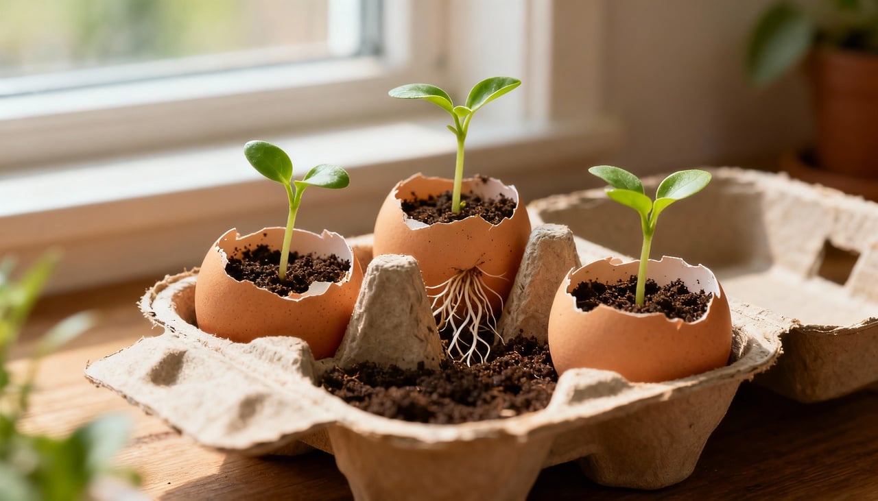 Na jardinagem, a casca de ovo é valorizada pelo cálcio e por outros minerais que libera lentamente no solo – Imagens produzidas com uso de Inteligência Artificial