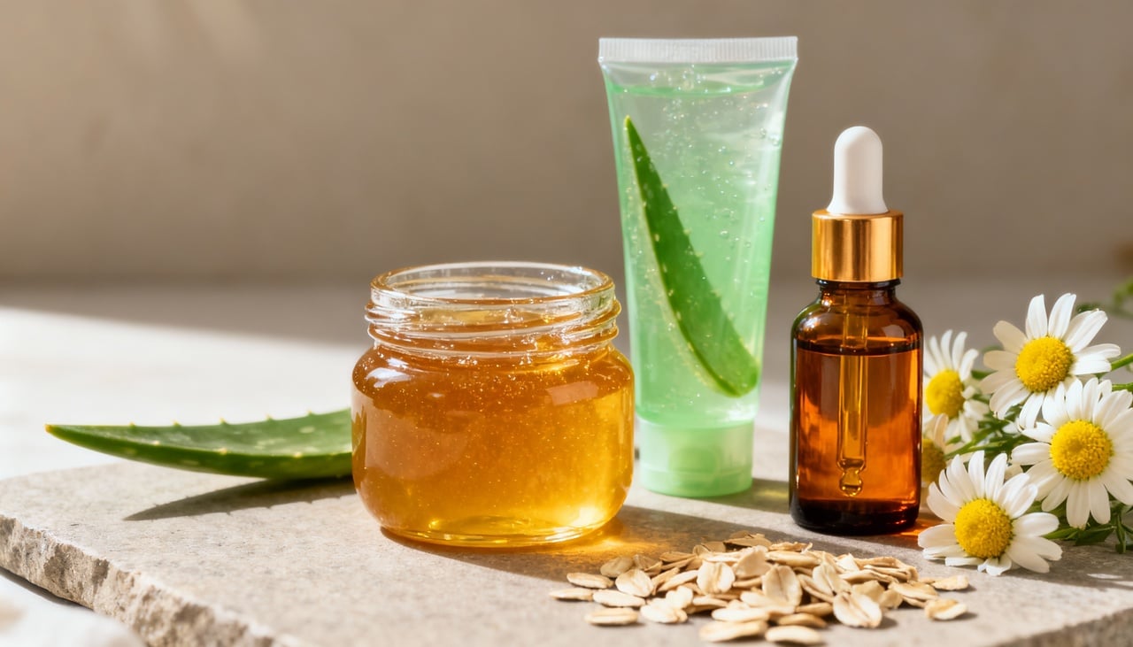 Alguns ingredientes naturais podem ser incorporados de forma prática à rotina, ajudando a potencializar hidratação, acalmar irritações e reforçar a barreira da pele – Imagens produzidas com uso de Inteligência Artificial