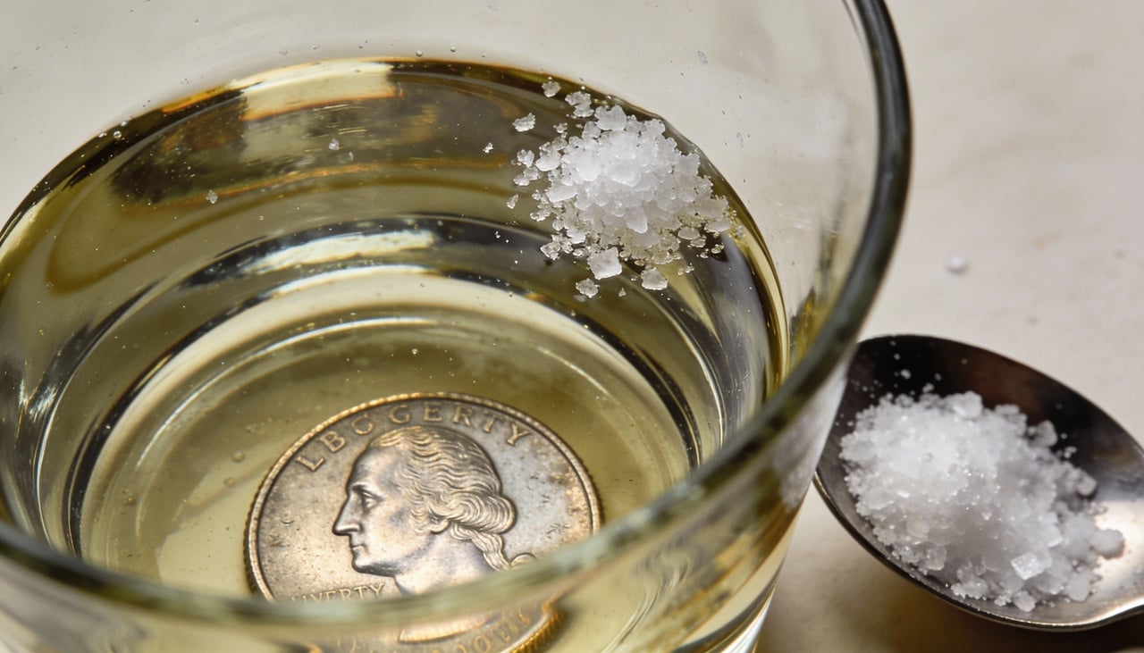 Após colocar a moeda no vinagre e adicionar três colheres pequenas de sal, o trabalho do ritual começa