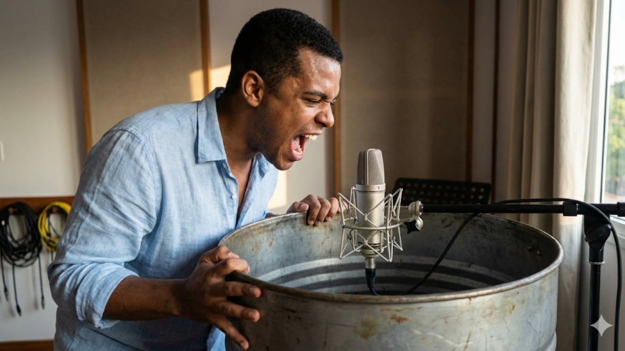 A técnica humana de emitir sons guturais aliada à acústica de objetos metálicos substitui com vantagem a imprevisibilidade de gravações externas.