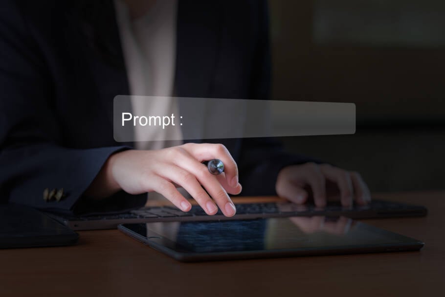 Corporate professionals crafting an AI prompt on a digital device, perfect for innovation, future tech, artificial intelligence training, language models, and smart assistants.
