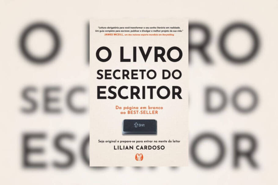 Capa do livro "O Livro Secreto do Escritor", com o nome escrito em um fundo bege-claro e um botão de shift em baixo