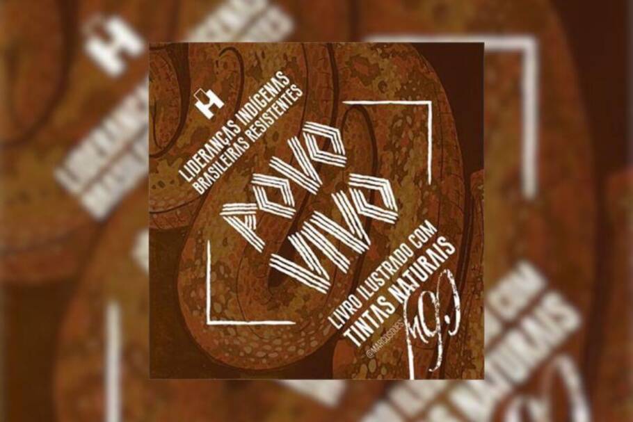 Capa do livro "Povo Vivo - Lideranças indígenas brasileiras resistentes" com o nome em branco escrito em um casco de árvore