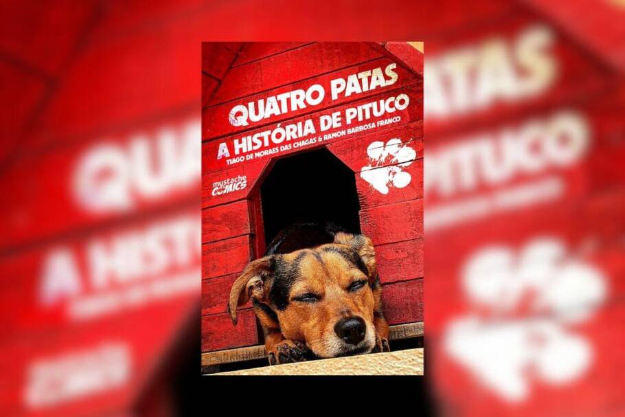 Capa do livro "Quatro Patas - A História de Pituco" com a foto de um cachorro dormindo em uma casinha vermelha