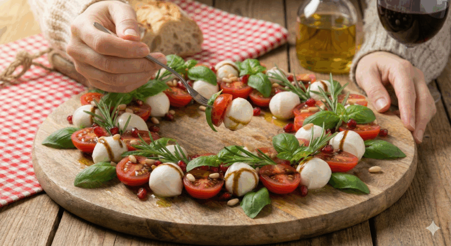A salada caprese tem apresentação impecável e um sabor que agrada praticamente todos os paladares