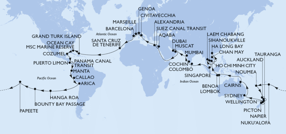 Roteiro do MSC World Cruise 2028 com os portos de parada e embarque (com estrelas)