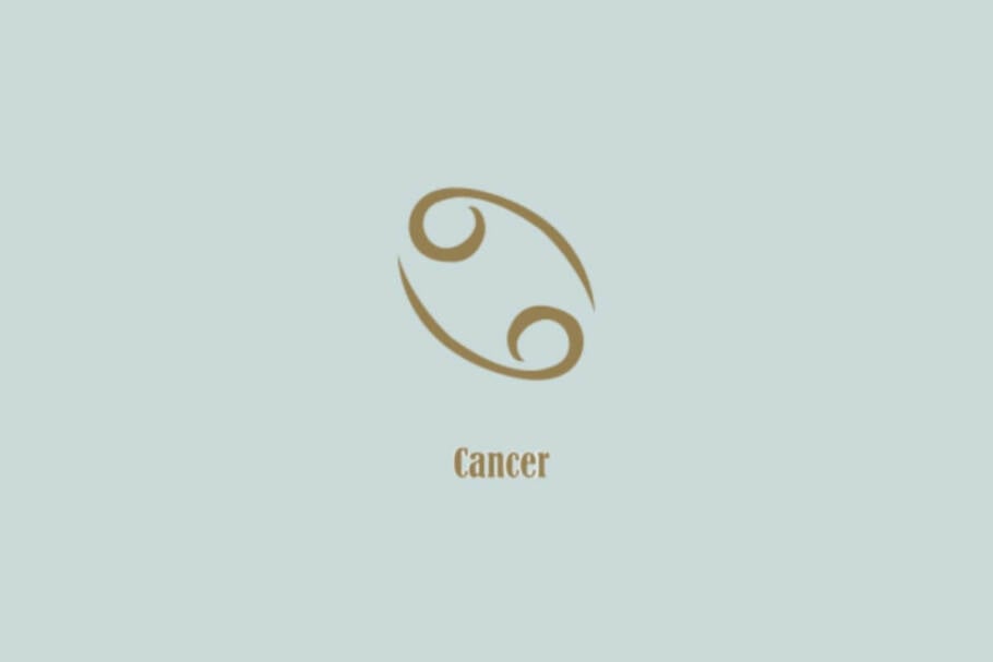 Símbolo dourado de Câncer, composto por duas espirais conectadas, com a palavra "Cancer" abaixo, em fundo azul-claro