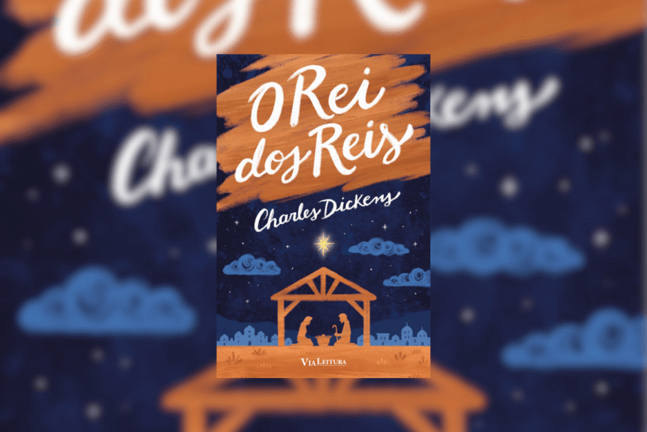 capa do livro "O rei dos reis" em tons de azul e marrom com céu e presépio