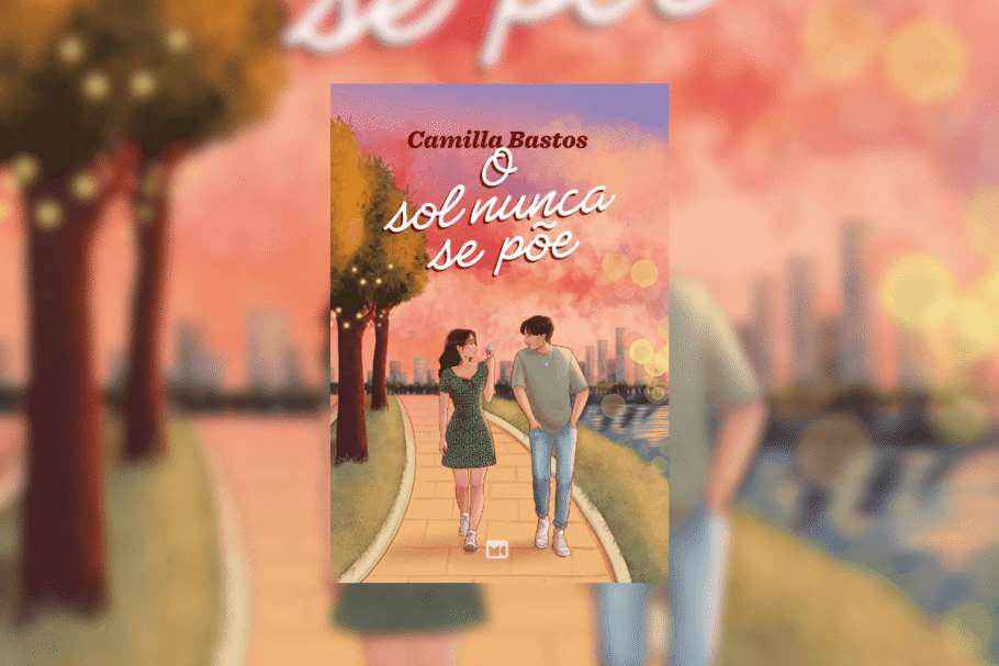 capa do livro "O sol nunca se põe" com casal de costas andando em pôr do sol