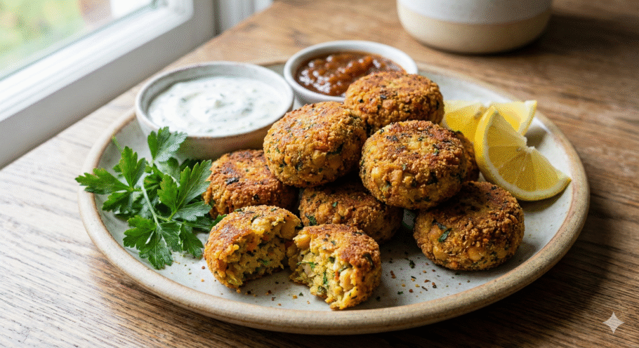 Croquete vegetariano de grão-de-bico cheio de sabor e proteína