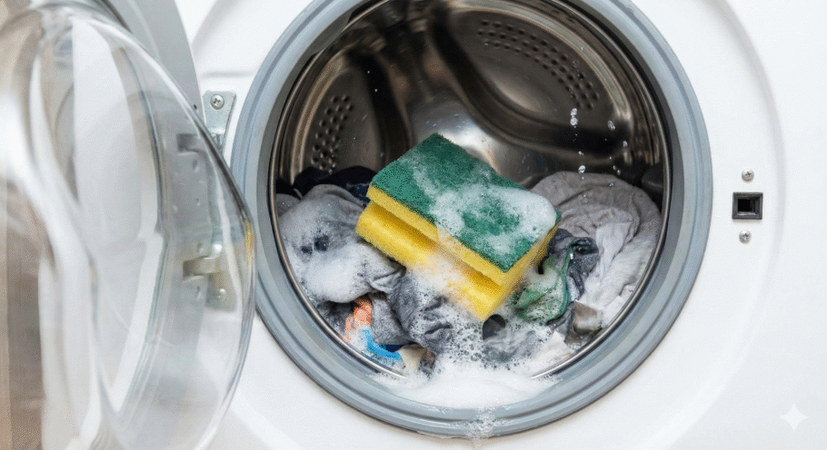 Colocar uma esponja na máquina de lavar roupas serve como uma solução prática para ajudar a remover pelos, fiapos e resíduos soltos durante a lavagem