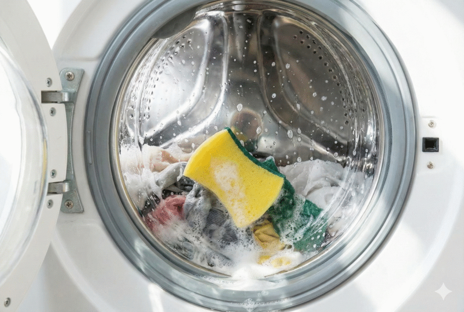 A esponja ajuda a reter fiapos e pelos de animais que poderiam ficar grudados nas roupas