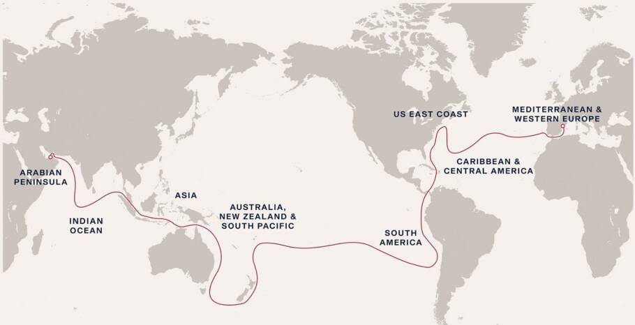 Mapa mostra roteiro do cruzeiro de volta ao mundo da Explora Journeys