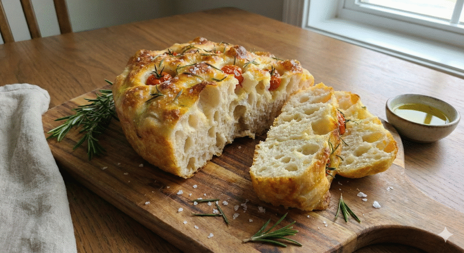 Você pode finalizar a focaccia como desejar, com alecrim, flocos de sal e tomatinhos