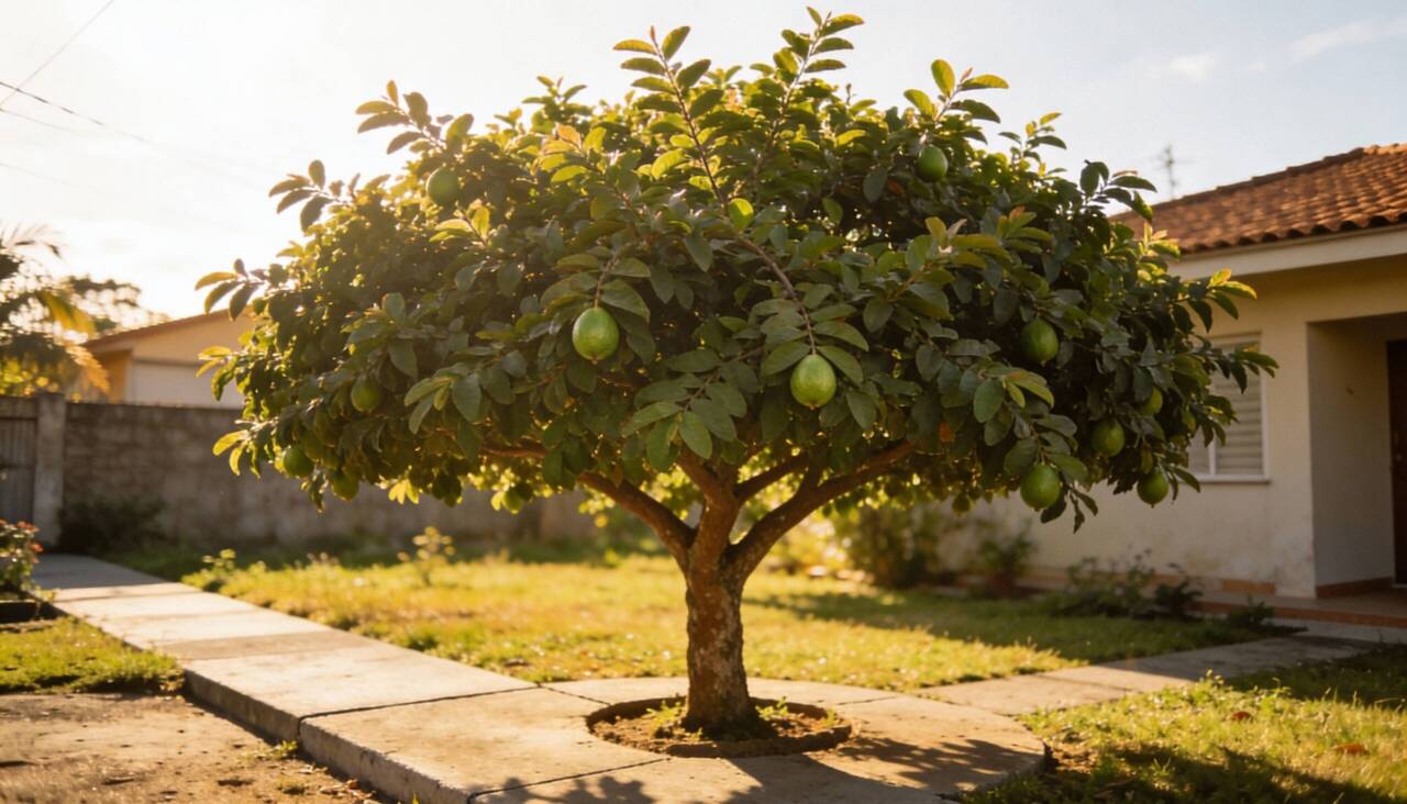 Com altura entre cinco e nove metros quando adulta, a goiabeira apresenta dimensões perfeitamente adequadas a quintais de tamanho médio