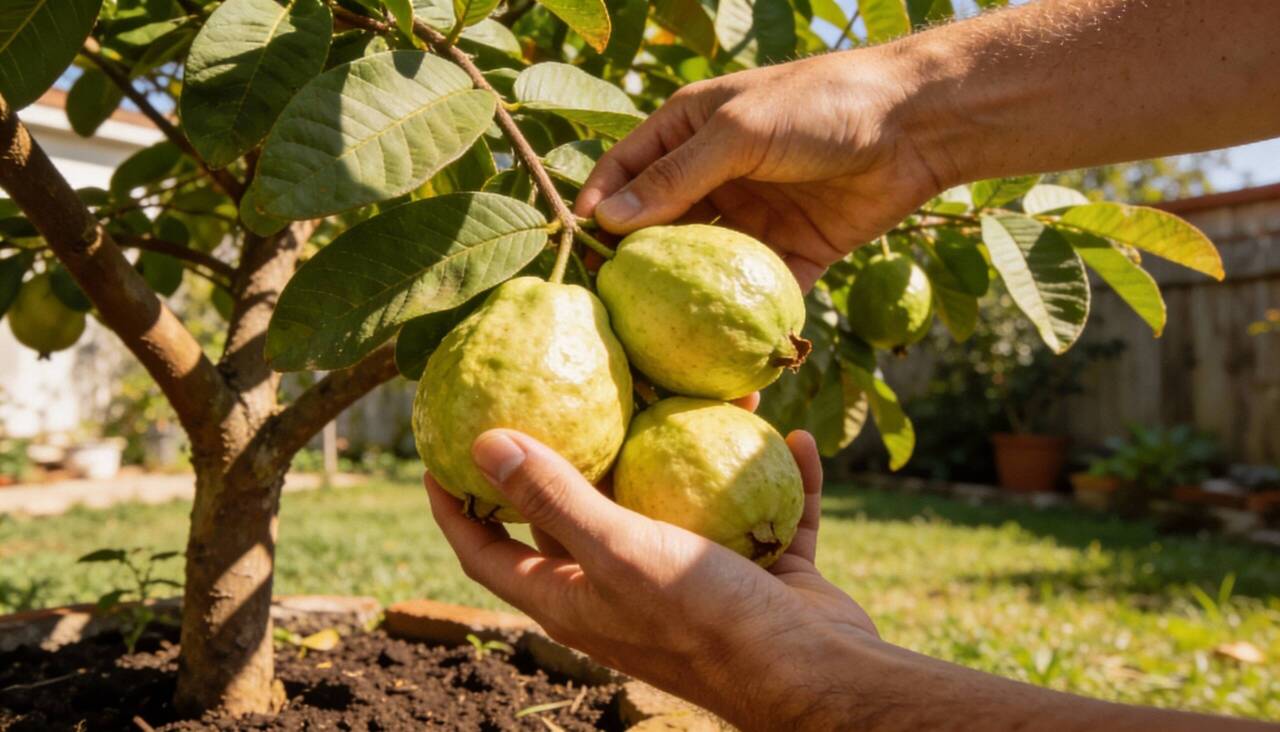 Com altura entre cinco e nove metros quando adulta, a goiabeira apresenta dimensões perfeitamente adequadas a quintais de tamanho médio