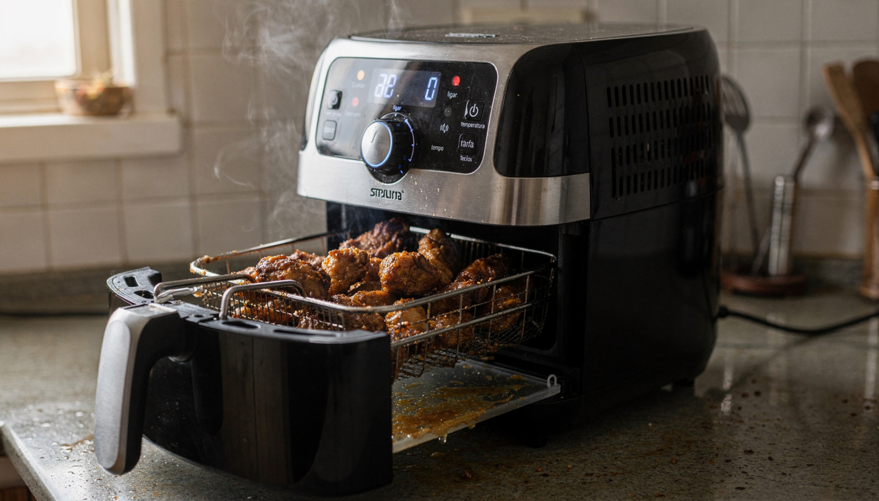 A principal razão para o cheiro forte na air fryer está ligada à gordura aquecida em alta temperatura