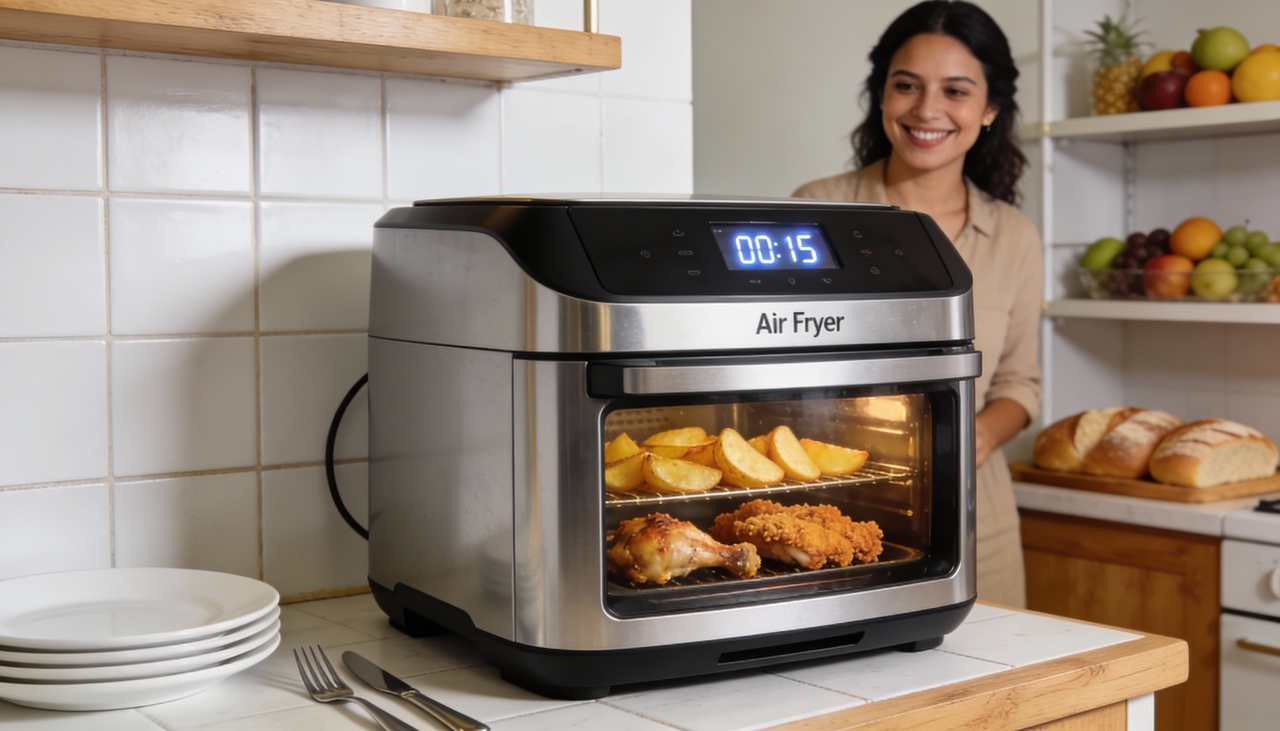 A fritadeira utiliza a circulação rápida de ar quente para acelerar o processo de cocção