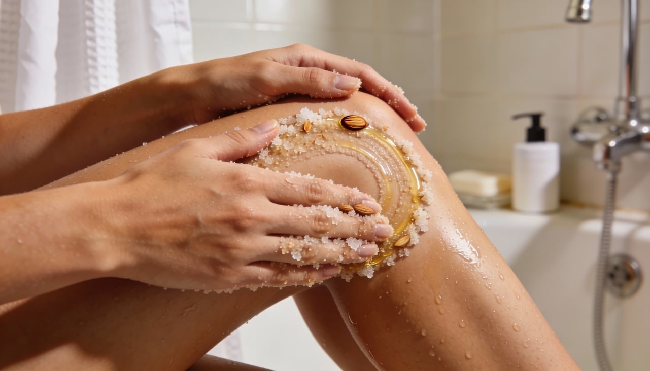 O esfoliante de açúcar e óleo de amêndoas é uma mistura pastosa aplicada na pele para remover células mortas e melhorar a textura cutânea