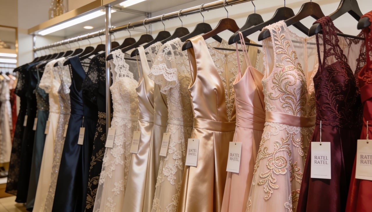 Para festas de gala, é comum que as lojas trabalhem com três níveis principais de preço, variando de modelos mais simples até versões de alta costura