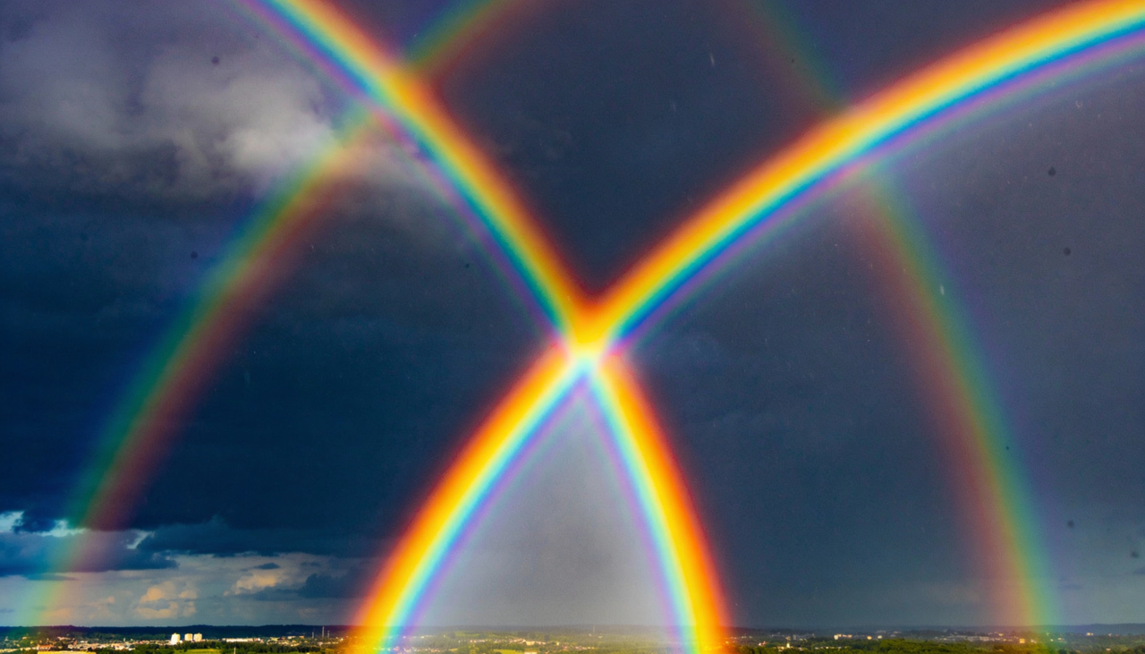 O arco-íris duplo indica a presença de dois arcos coloridos no céu, geralmente após uma chuva, com o Sol posicionado atrás do observador