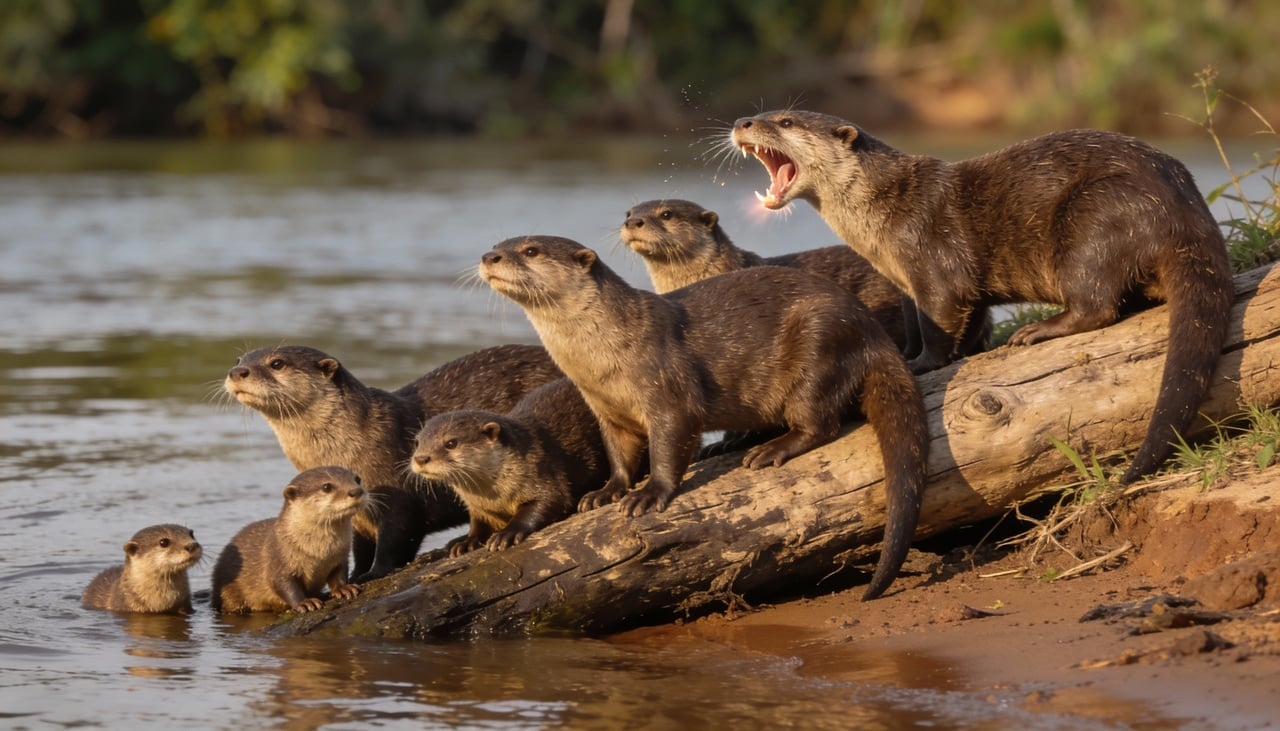 A ariranha brasileira vive em grupos familiares grandes e barulhentos nos rios da América do Sul