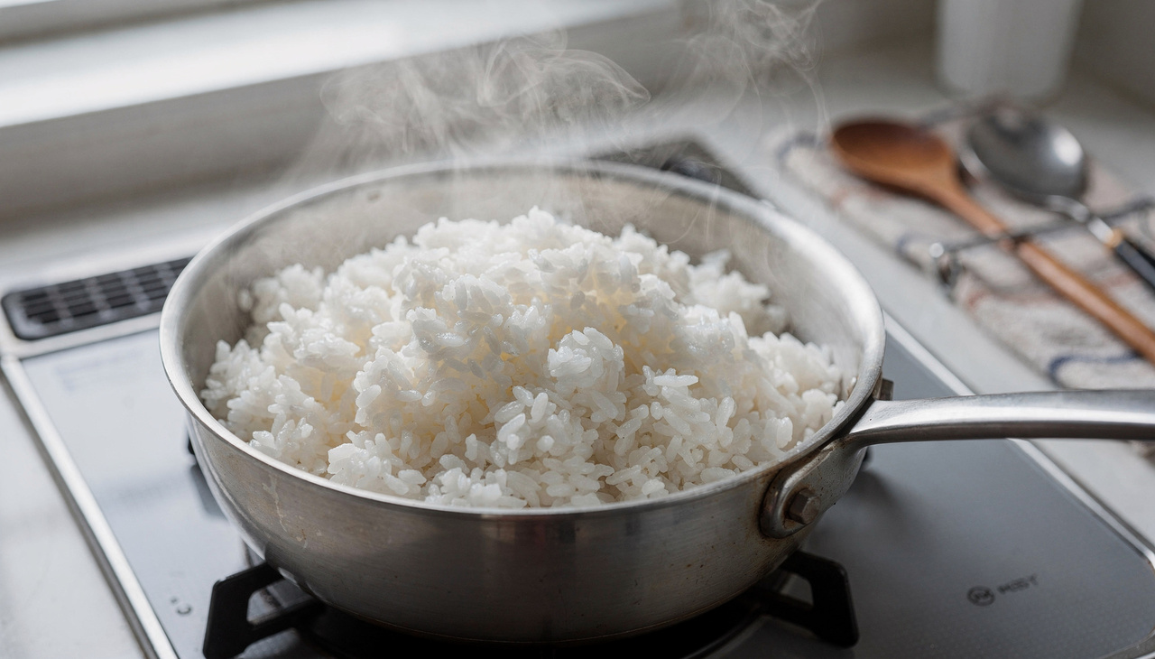 O segredo começa lavando o arroz em água corrente até a água sair transparente, removendo excesso de amido que causa empapamento