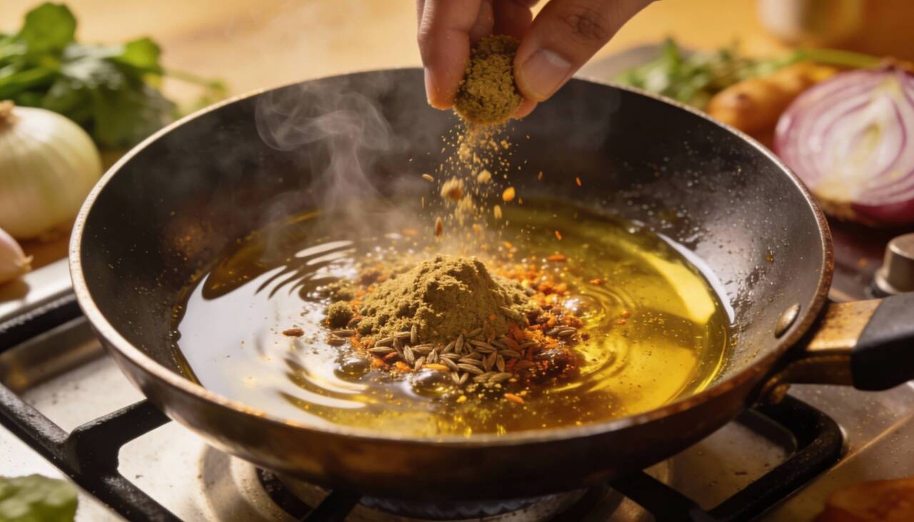 A asafoetida, tempero indiano em pó que cru lembra enxofre