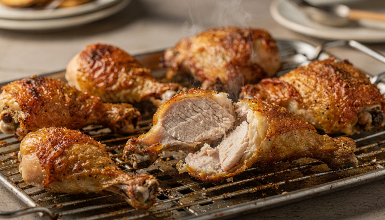 Seque completamente a superfície dos pedaços com papel toalha antes de temperar porque umidade externa impede formação de casca crocante