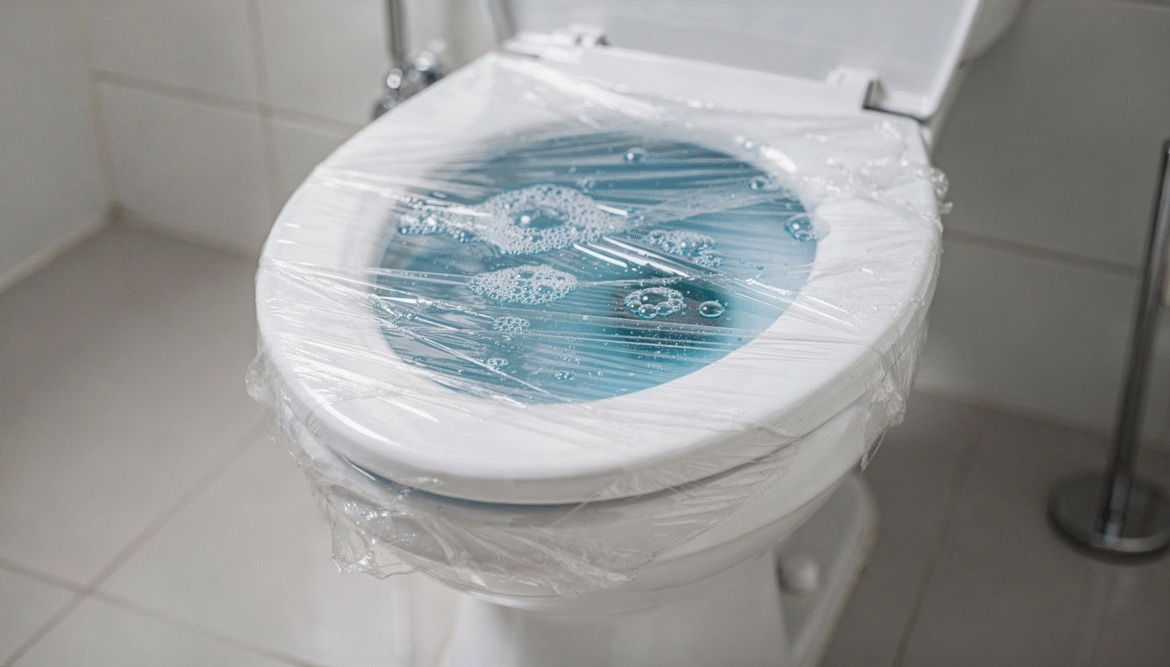 Uso de filme plástico potencializa a desinfecção do assento do vaso.