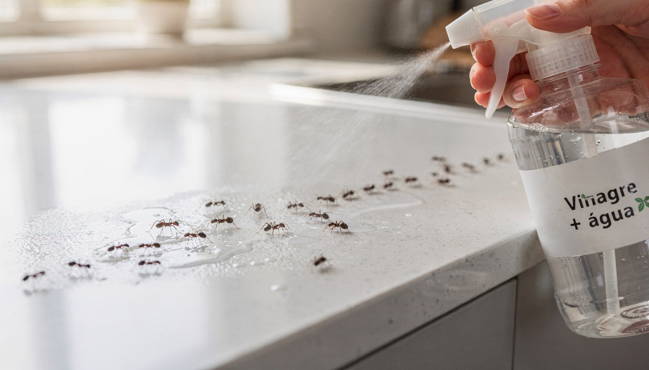 O vinagre branco atua como um desinfetante poderoso que apaga os rastros de feromônio deixados pelas formigas exploradoras pela casa